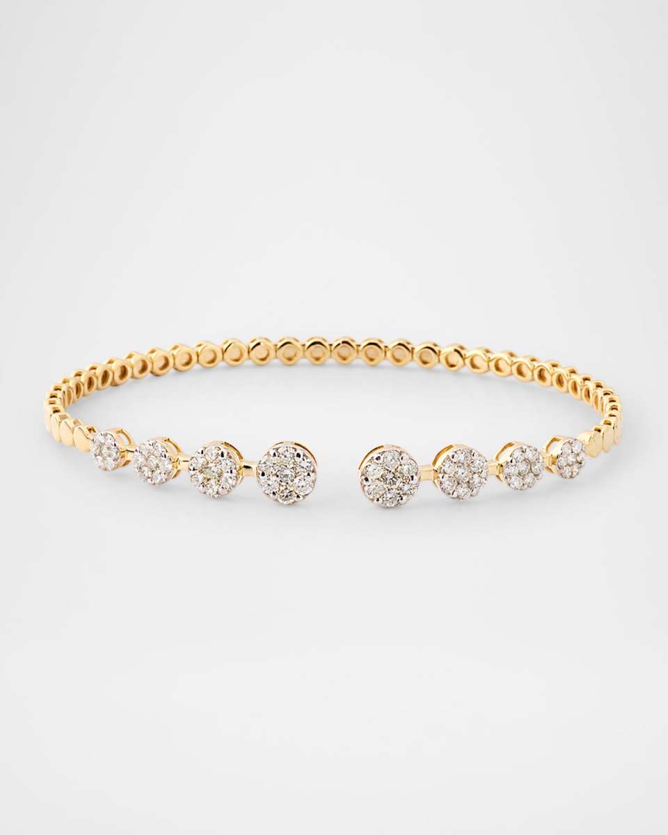 14K Yellow Gold Circle Diamond Flexible Cuff Bracelet